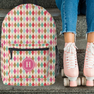 ヴィンテージレトロダイヤモンドパターンピンクモノグラム プリントバックパック