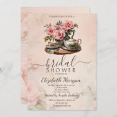ヴィンテージレトロティーセットフラワーズブライダルシャワー 招待状 (正面/裏面)