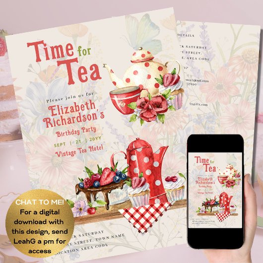 ヴィンテージレトロティーパーティーレッド水玉模様誕生日 チラシ