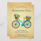 ヴィンテージレトロティール(緑がかった色)フローラ自転車退職パーティー 招待状 (正面/裏面)