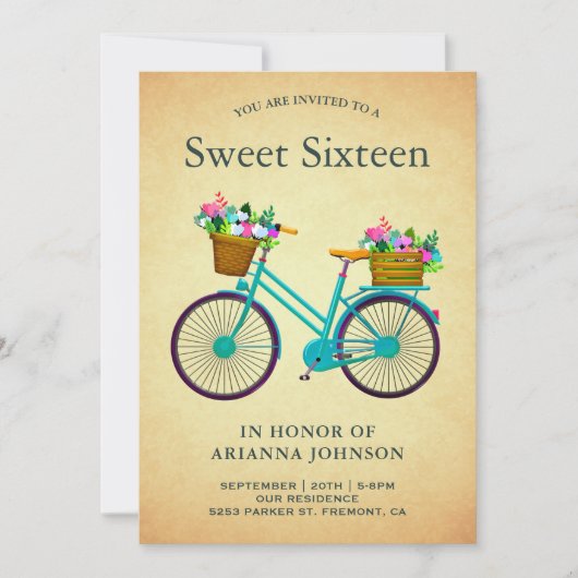 ヴィンテージレトロティール(緑がかった色)フローラ自転車Sweet sixteen 招待状 (正面)