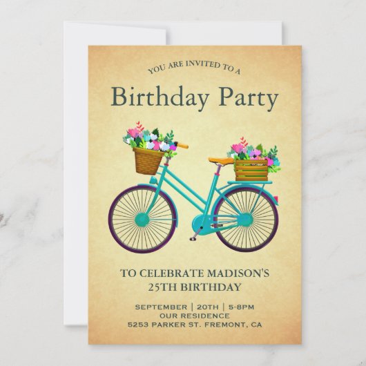 ヴィンテージレトロティール(緑がかった色)フローラ誕生日会 招待状 (正面)