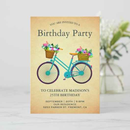 ヴィンテージレトロティール(緑がかった色)フローラ誕生日会 招待状 (スタンド正面)