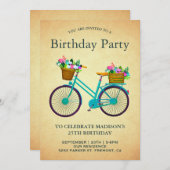 ヴィンテージレトロティール(緑がかった色)フローラ誕生日会 招待状 (正面/裏面)