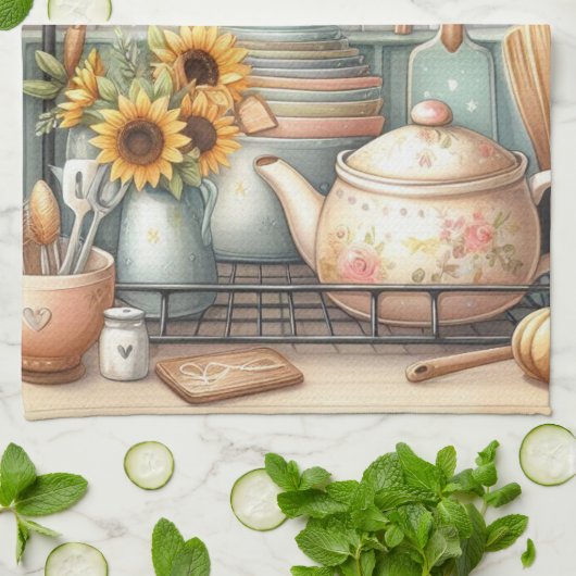 ヴィンテージレトロディッシュティーポットプリント キッチンタオル (折り畳み)