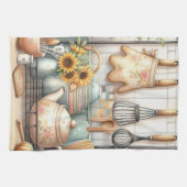 ヴィンテージレトロディッシュティーポットプリント キッチンタオル (横)