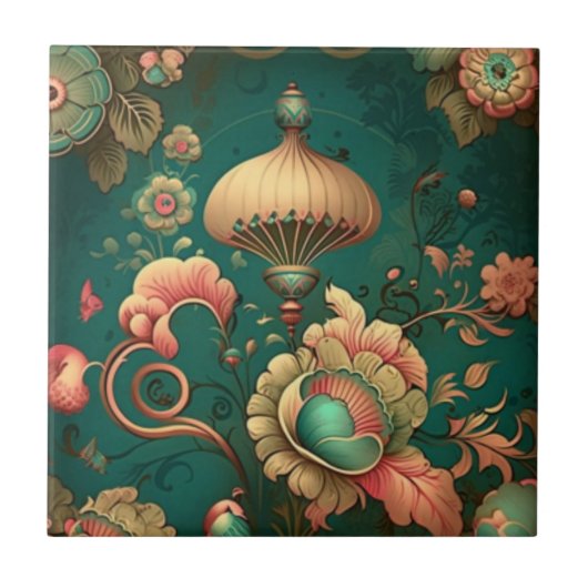 ヴィンテージレトロデザインフローラグリーンセラミックタイル タイル (正面)