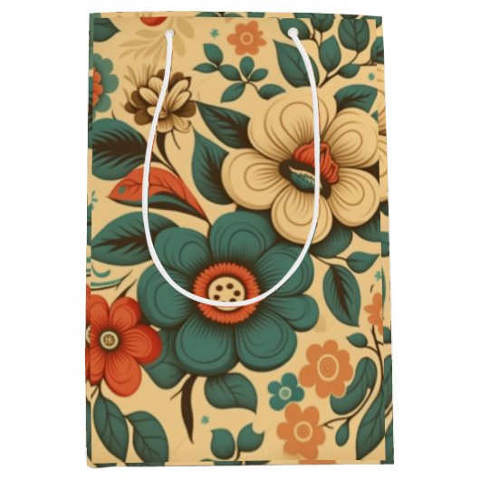 ヴィンテージレトロデザインフローラパステル ミディアムペーパーバッグ (正面)