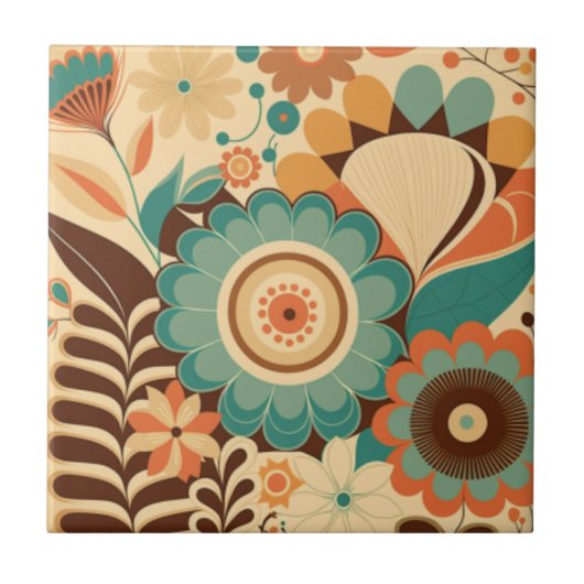 ヴィンテージレトロデザインフローラ茶色ビーズグリーン タイル (正面)