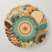 ヴィンテージレトロデザインフローラ茶色ビーズグリーン ラウンドクッション (裏面)