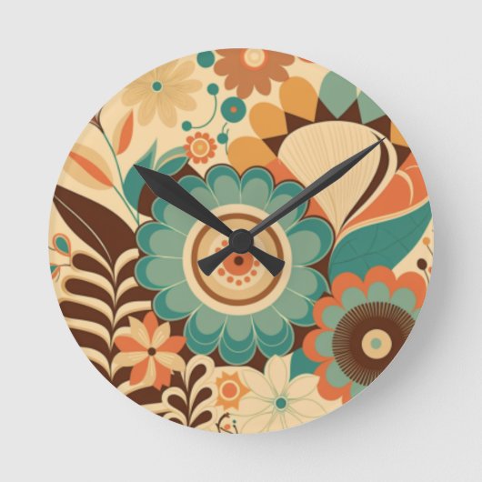 ヴィンテージレトロデザインフローラ茶色ビーズグリーン ラウンド壁時計 (正面)