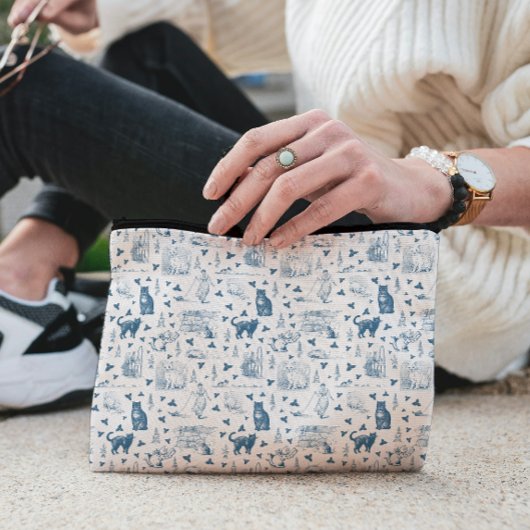 ヴィンテージレトロトイレパターンキャットカットニップホワイトブルー アクセサリーポーチ