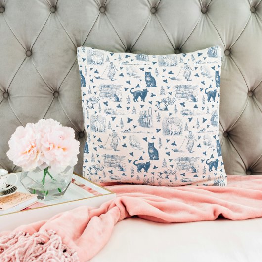 ヴィンテージレトロトイレパターンキャットカットニップホワイトブルー クッション