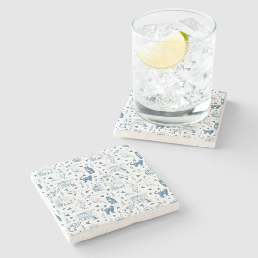 ヴィンテージレトロトイレパターンキャットカットニップホワイトブルー ストーンコースター (横)