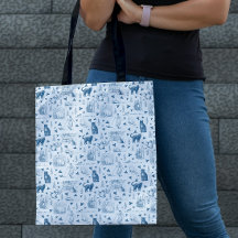 ヴィンテージレトロトイレパターンキャットカットニップホワイトブルー