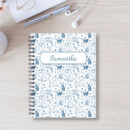 ヴィンテージレトロトイレパターンキャットカットニップホワイトブルー ノートブック