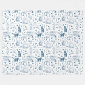 ヴィンテージレトロトイレパターンキャットカットニップホワイトブルー フリースブランケット (正面(横))