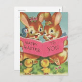 ヴィンテージレトロハッピーイースターバンニーズアンドチックス シーズンポストカード (正面/裏面)