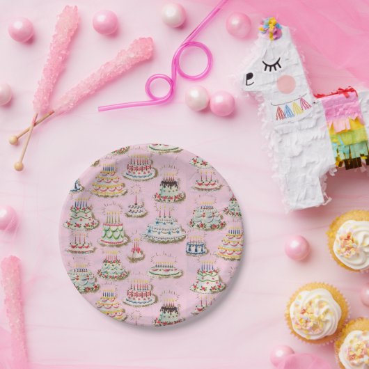 ヴィンテージレトロハッピーバースデーケーキ ペーパープレート (パーティー)