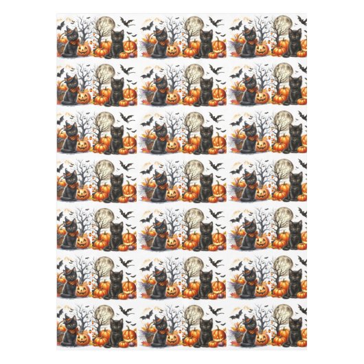 ヴィンテージレトロハロウィンキャットとカボチャのテーブルクロス テーブルクロス (正面)