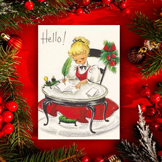 ヴィンテージレトロハロークリスマスガールアットデスクカスタム シーズンカード