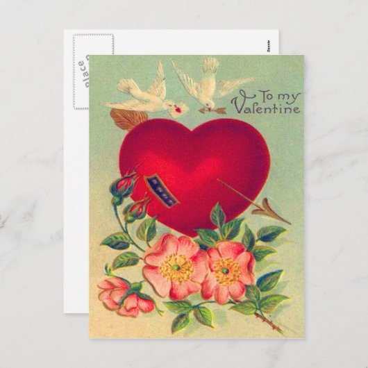 ヴィンテージレトロハートバレンタインカード シーズンポストカード (正面/裏面)