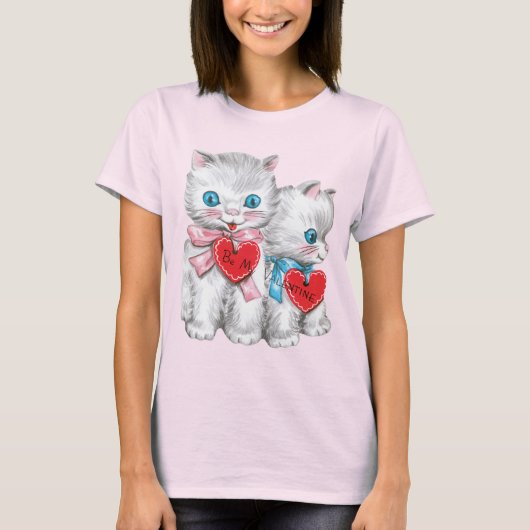 ヴィンテージレトロバレンタインデーの猫ふわふわ子猫 Tシャツ (正面)