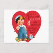 ヴィンテージレトロバレンタインデー男の子魚釣りハート シーズンポストカード (正面)