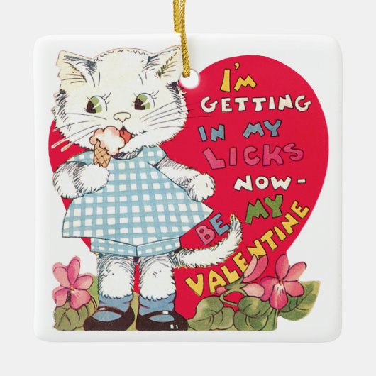 ヴィンテージレトロバレンタインデー食べ物ネコのアイスクリーム セラミックオーナメント (正面)