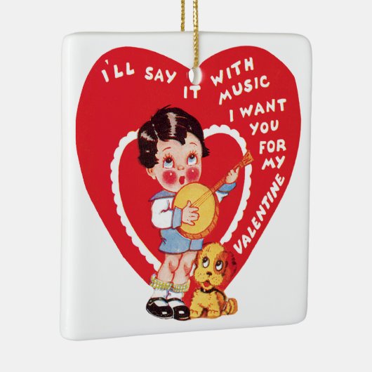 ヴィンテージレトロバレンタインデー,ボーイミュージックバンジョー セラミックオーナメント (右)
