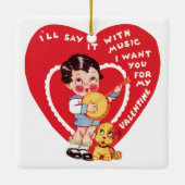 ヴィンテージレトロバレンタインデー,ボーイミュージックバンジョー セラミックオーナメント (裏面)