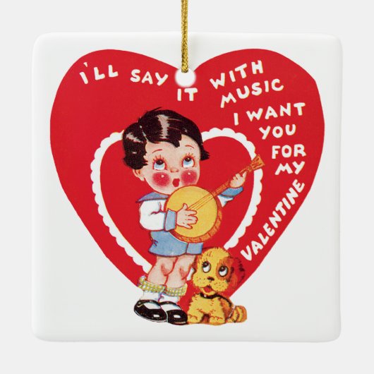 ヴィンテージレトロバレンタインデー,ボーイミュージックバンジョー セラミックオーナメント (裏面)