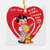 ヴィンテージレトロバレンタインデー,ボーイミュージックバンジョー セラミックオーナメント (正面)