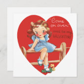 ヴィンテージレトロバレンタインデー、女の子のフェンス シーズンカード (正面/裏面)