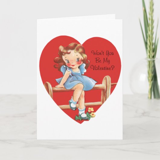 ヴィンテージレトロバレンタインデー、女の子のフェンス シーズンカード (正面)