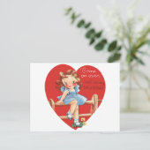 ヴィンテージレトロバレンタインデー、女の子のフェンス シーズンポストカード (スタンド正面)