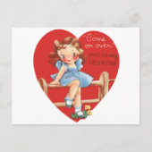 ヴィンテージレトロバレンタインデー、女の子のフェンス シーズンポストカード (正面)