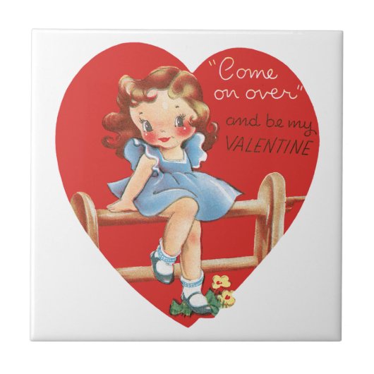 ヴィンテージレトロバレンタインデー、女の子のフェンス タイル (正面)