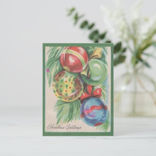 ヴィンテージレトロパインブランチボールクリスマスグリーティング シーズンポストカード (スタンド正面)