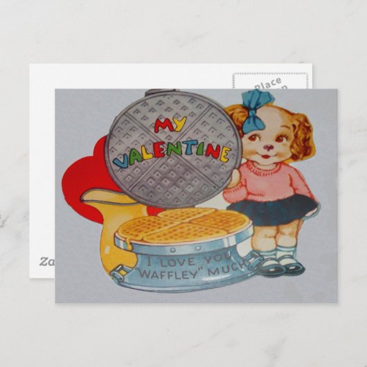 ヴィンテージレトロパピーとワッフルアイアンバレンタインカー シーズンポストカード (正面/裏面)