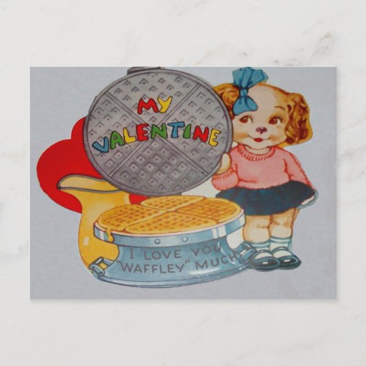 ヴィンテージレトロパピーとワッフルアイアンバレンタインカー シーズンポストカード (正面)