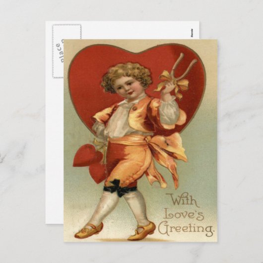 ヴィンテージレトロビクトリアンボーイハートバレンタインカード シーズンポストカード (正面/裏面)