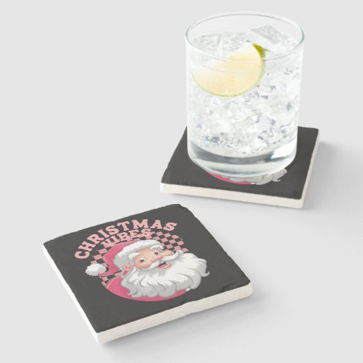 ヴィンテージレトロピンクサンタクリスマス ストーンコースター (横)
