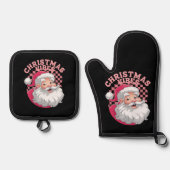 ヴィンテージレトロピンクサンタクリスマス 鍋つかみ&鍋敷きセット (正面)