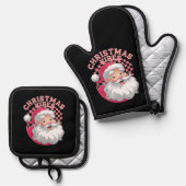 ヴィンテージレトロピンクサンタクリスマス 鍋つかみ&鍋敷きセット (正面/裏面)