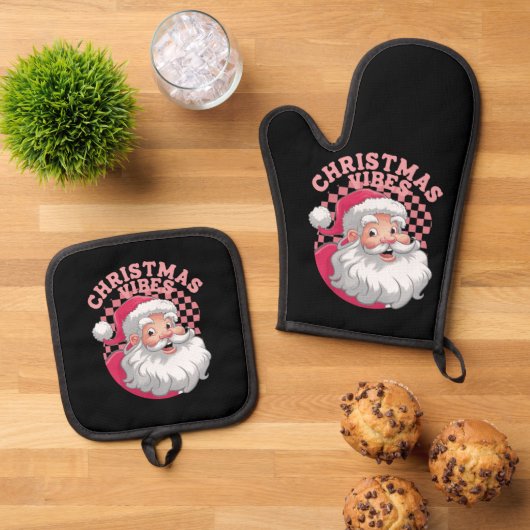 ヴィンテージレトロピンクサンタクリスマス 鍋つかみ&鍋敷きセット (トップダウン)