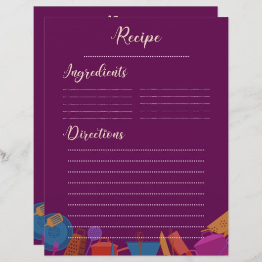 ヴィンテージレトロピンクファミリーキッチンレシピシート (正面/裏面)