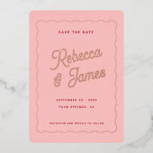 ヴィンテージレトロピンク明るい赤紫色波結婚枠救 箔招待状 (正面)