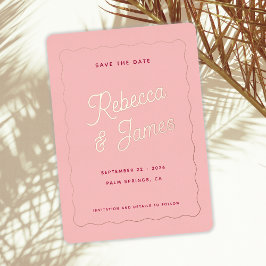 ヴィンテージレトロピンク明るい赤紫色波結婚枠救 箔招待状