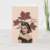 ヴィンテージレトロピンナップ女の子&花，写真誕生日 カード (正面)